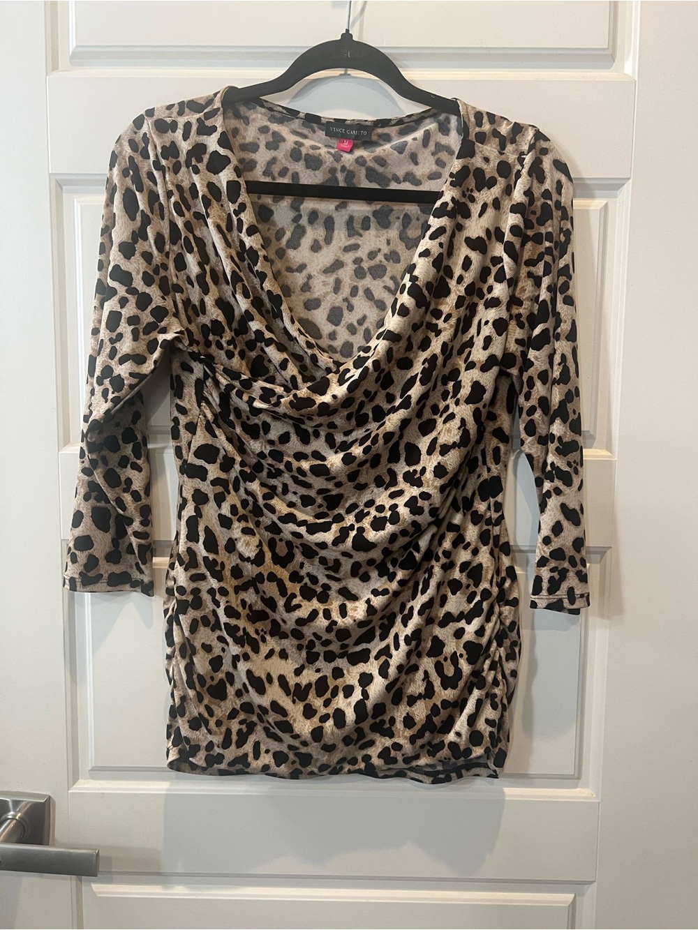 Vince Camuto Beige and Black Leopard Drape Neck Long Sleeve Top